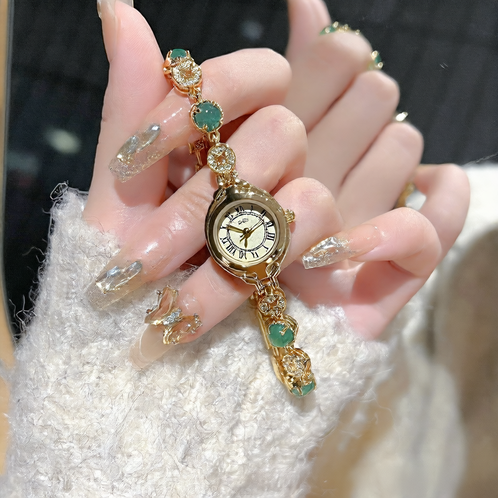 Elegant Green Chalcedony Retro Women's Watch