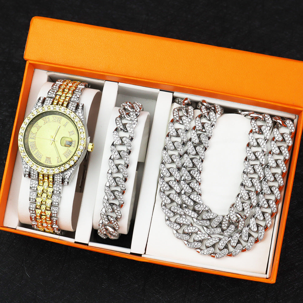Hip Hop Quartz Watch with Cuban Bracelet and Necklace Set