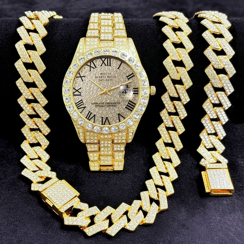 Diamond Cuban Chain Watch Bracelet Necklace Set