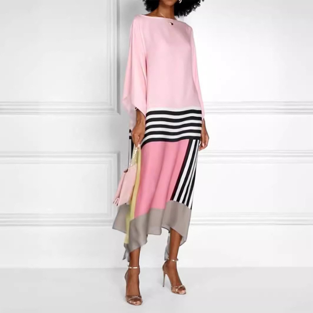 Comfortable and fashionable solid-color printed casual off-the-shoulder long dress