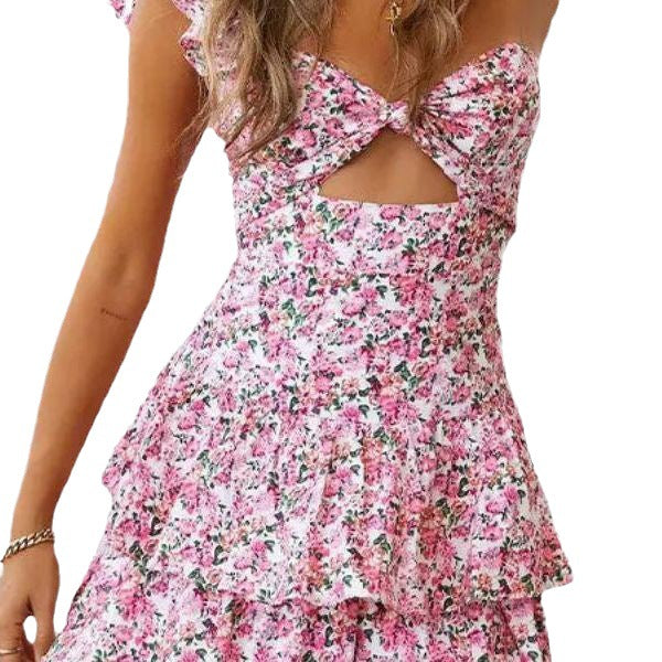 One-shoulder dress with exposed waist print