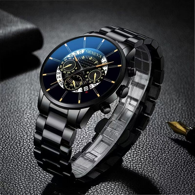 Geneva Men's Quartz Watch with Calendar - Sporty Steel Band