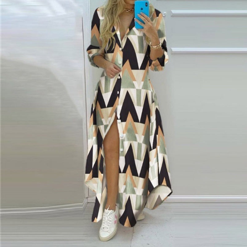 Printed single-breasted slit shirt dress