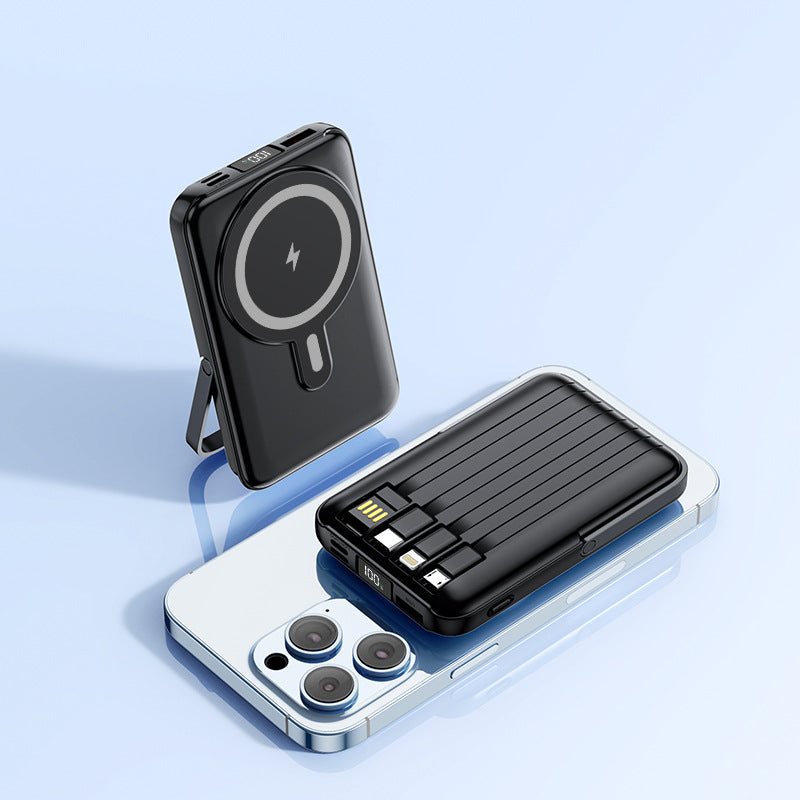 Magnetic Stand Power Bank with Wireless Charging and Built-In Cable
