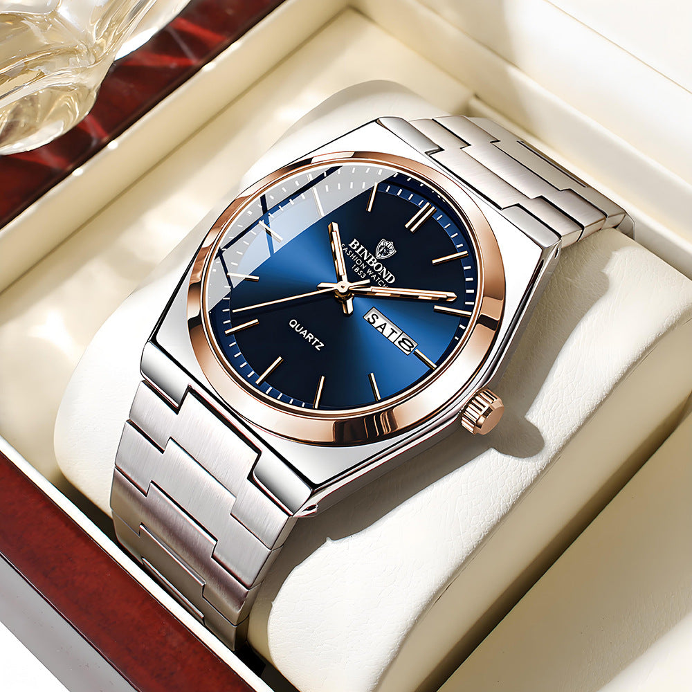 Binbang Stainless Steel Men's Quartz Watch with Double Calendar