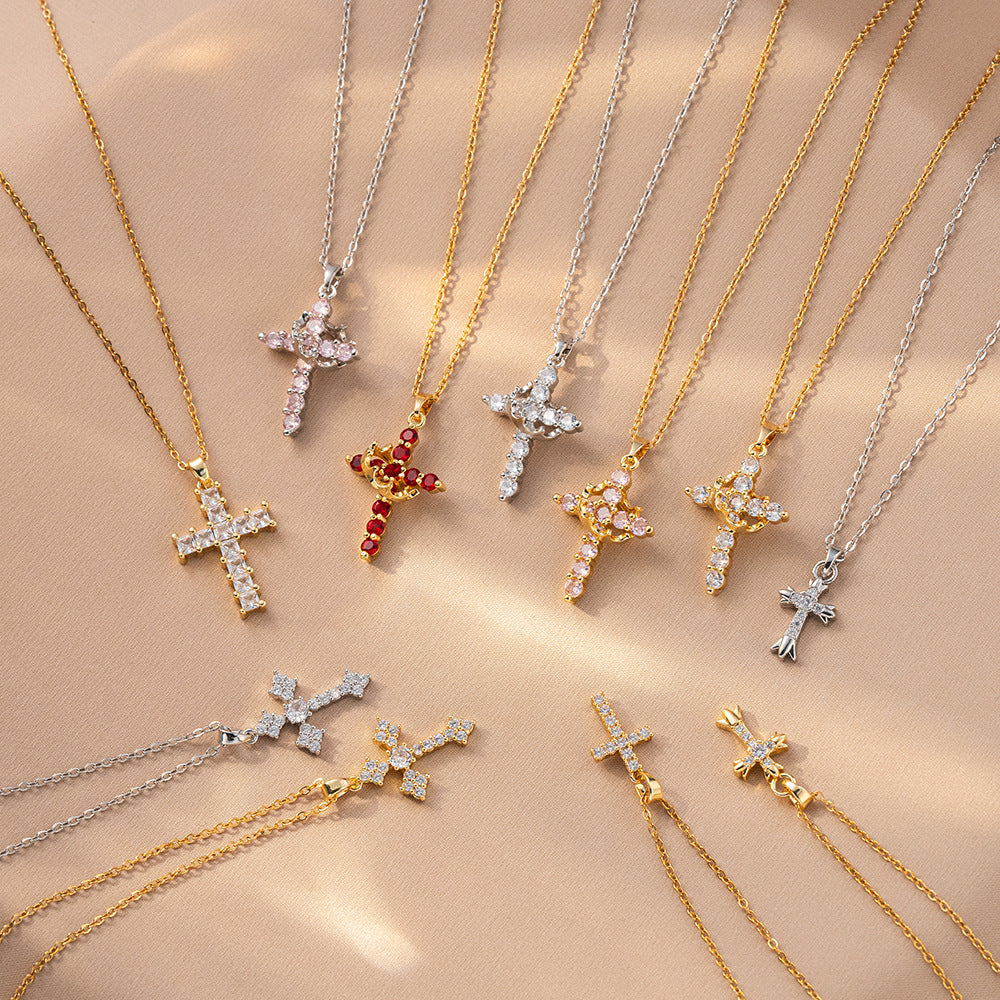 Gold Cross Necklace Set with Large Diamonds