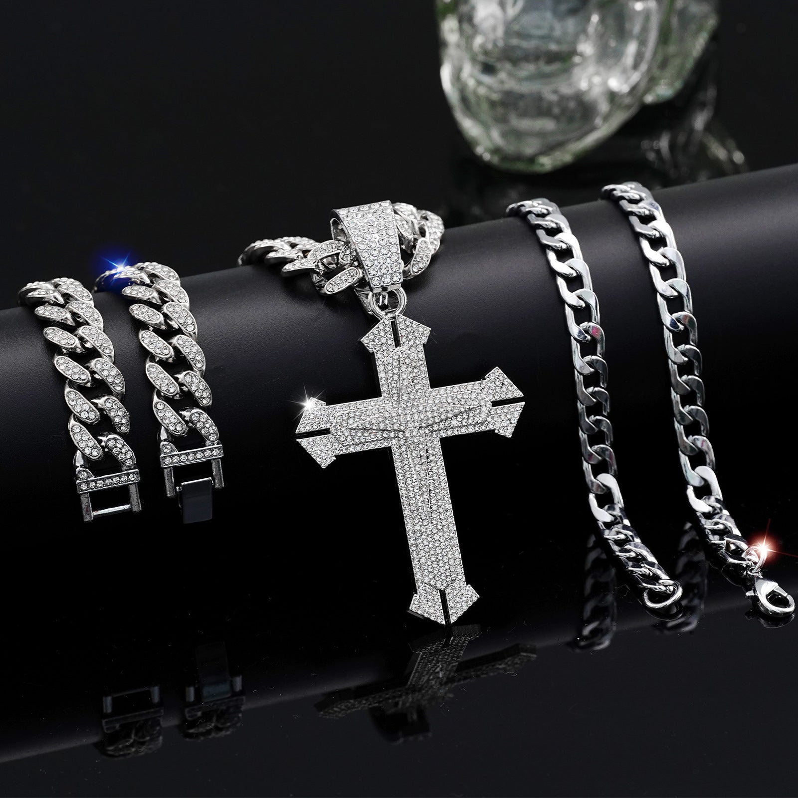 Hip Hop Cross Pendant Necklace and Bracelet Set