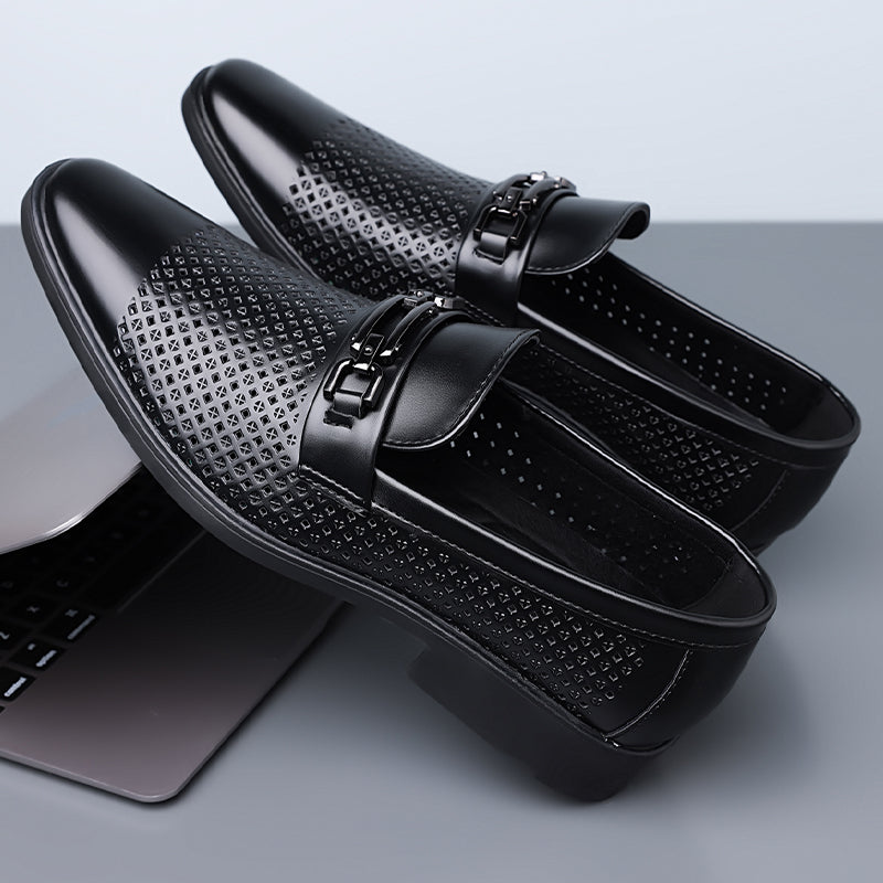 Men's Breathable Hollow Leather Shoes with Metal Buckle