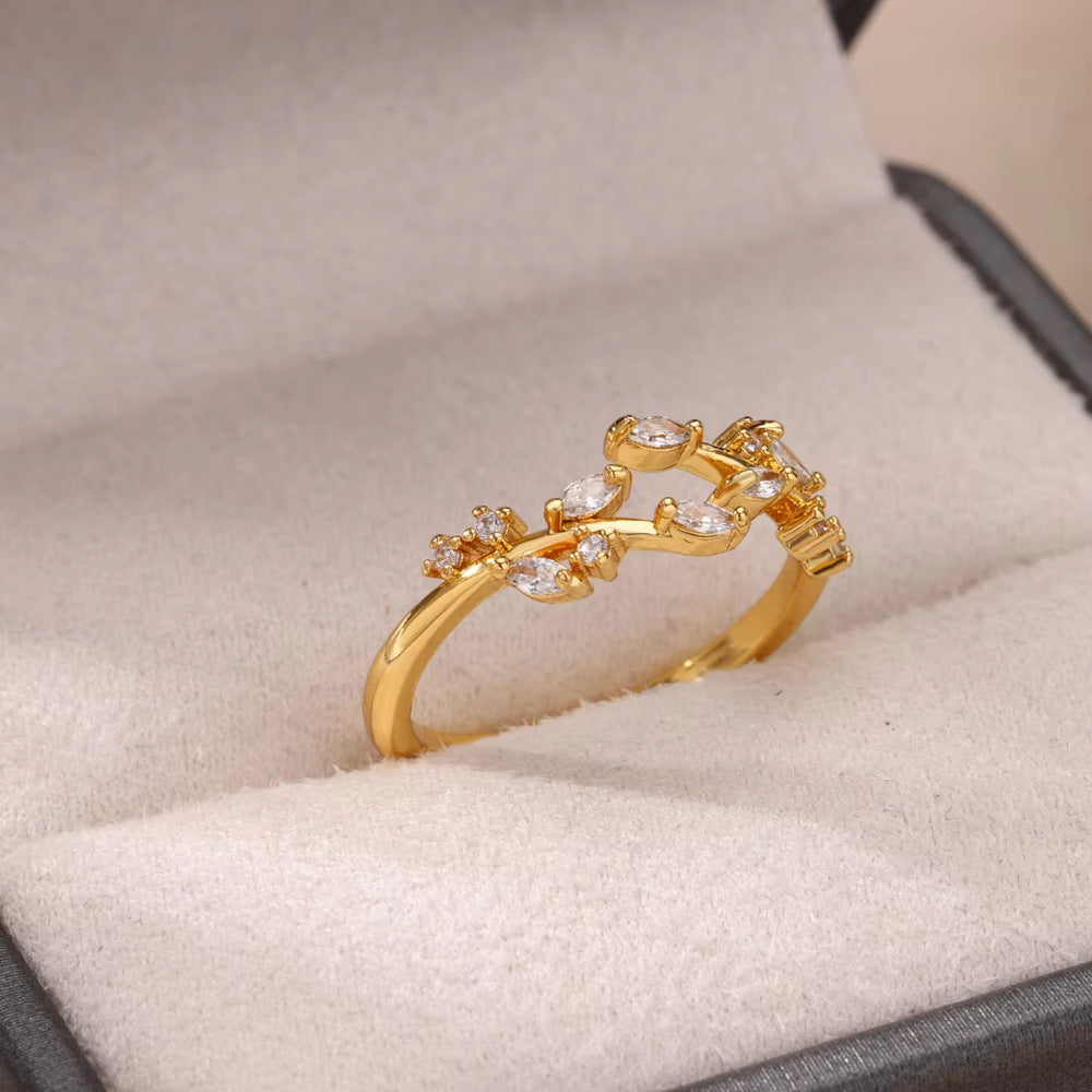 18K Gold-Plated Zircon Leaf Open Ring for Women