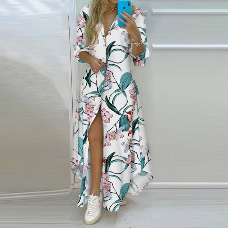 Printed single-breasted slit shirt dress