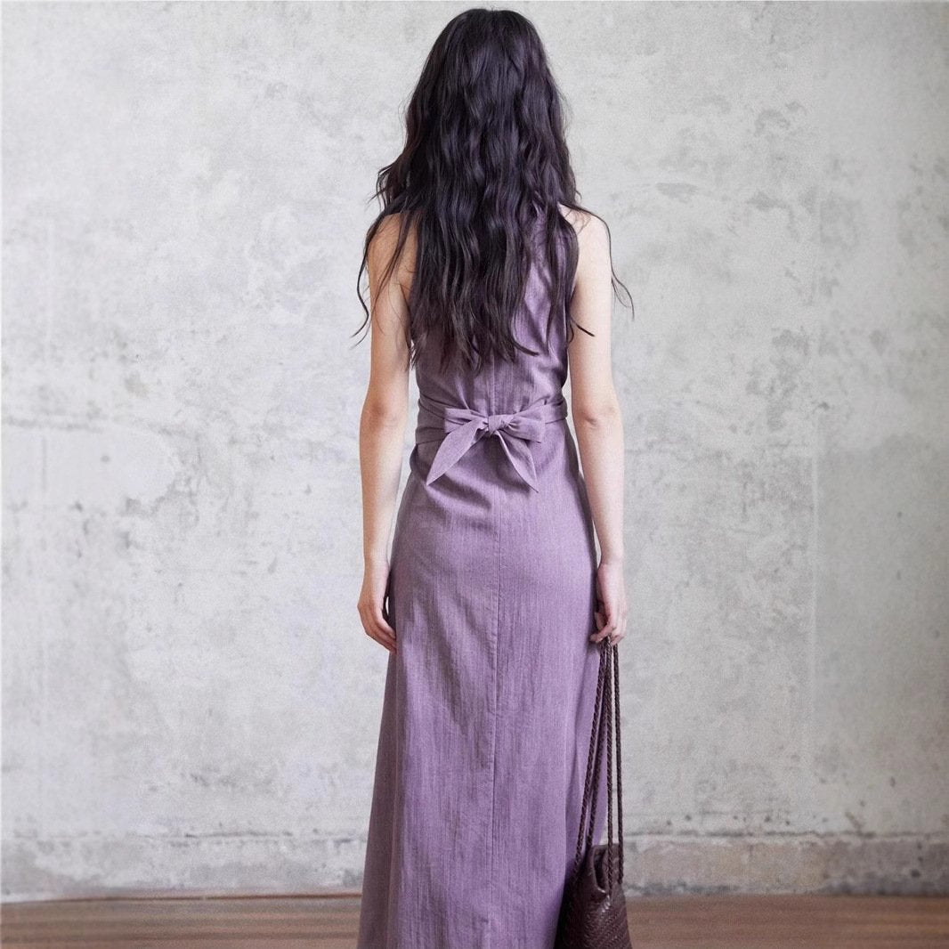 A stylish purple V-neck halter-neck long dress with a lace-up design for women