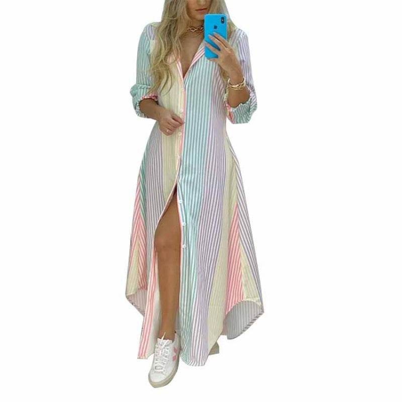 Printed single-breasted slit shirt dress
