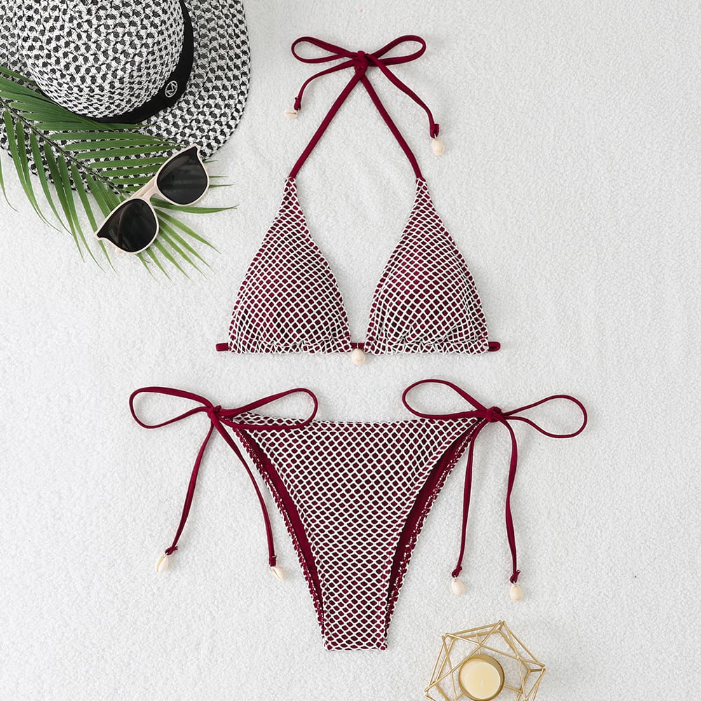 Cross-border 2025 foreign trade split bikini three-point hanging neck lace-up swimsuit fashion backless small chest gathered swimsuit