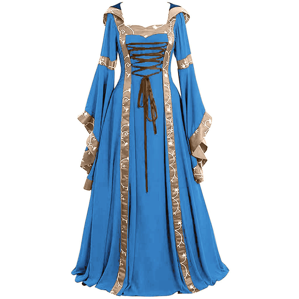 Retro hooded dress with square neckline, drawstring hem and flared sleeves, long skirt