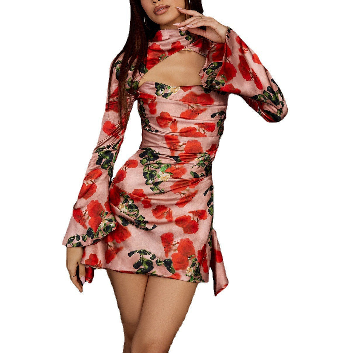 A hollowed-out one-shoulder floral dress