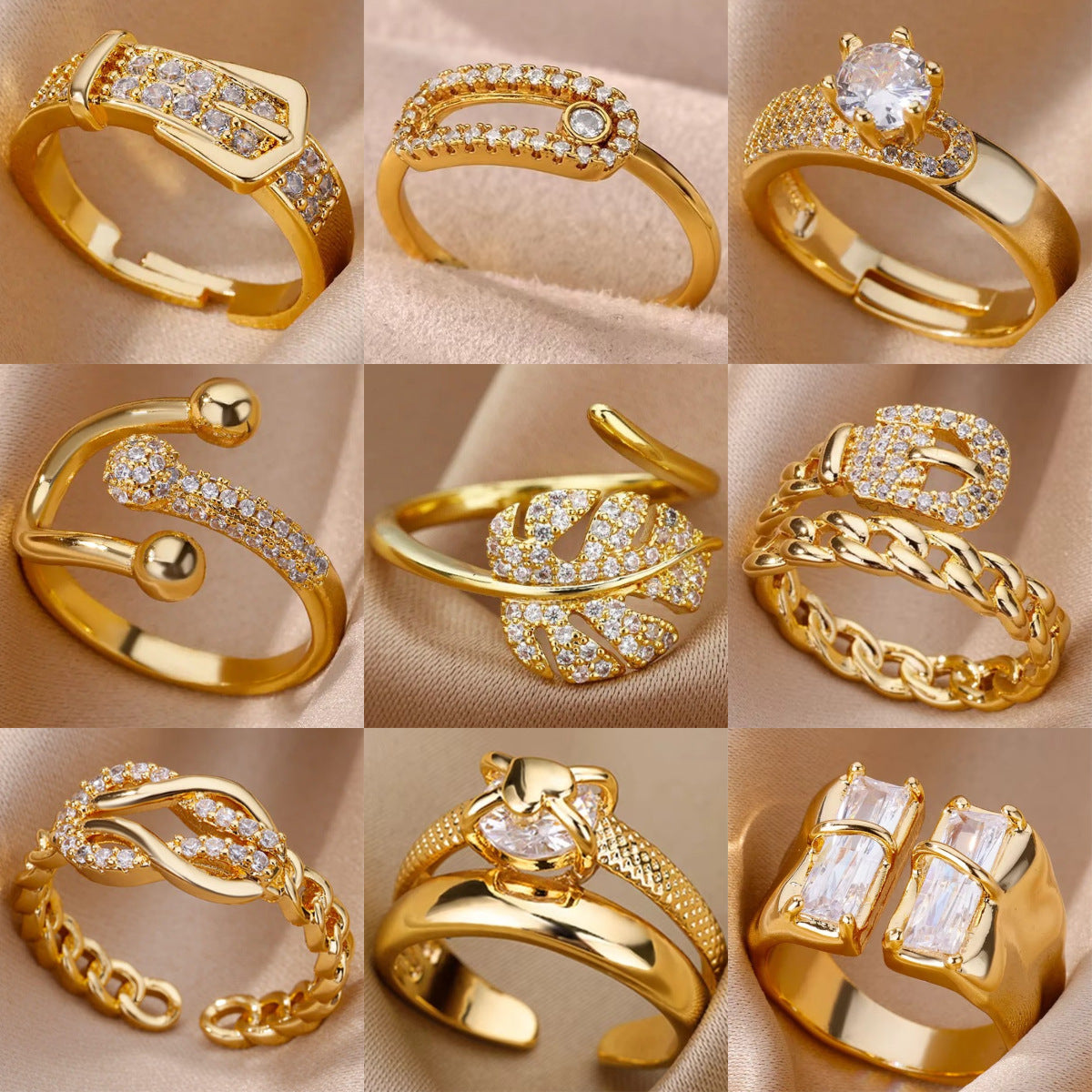 18K Gold-Plated Zircon Leaf Open Ring for Women