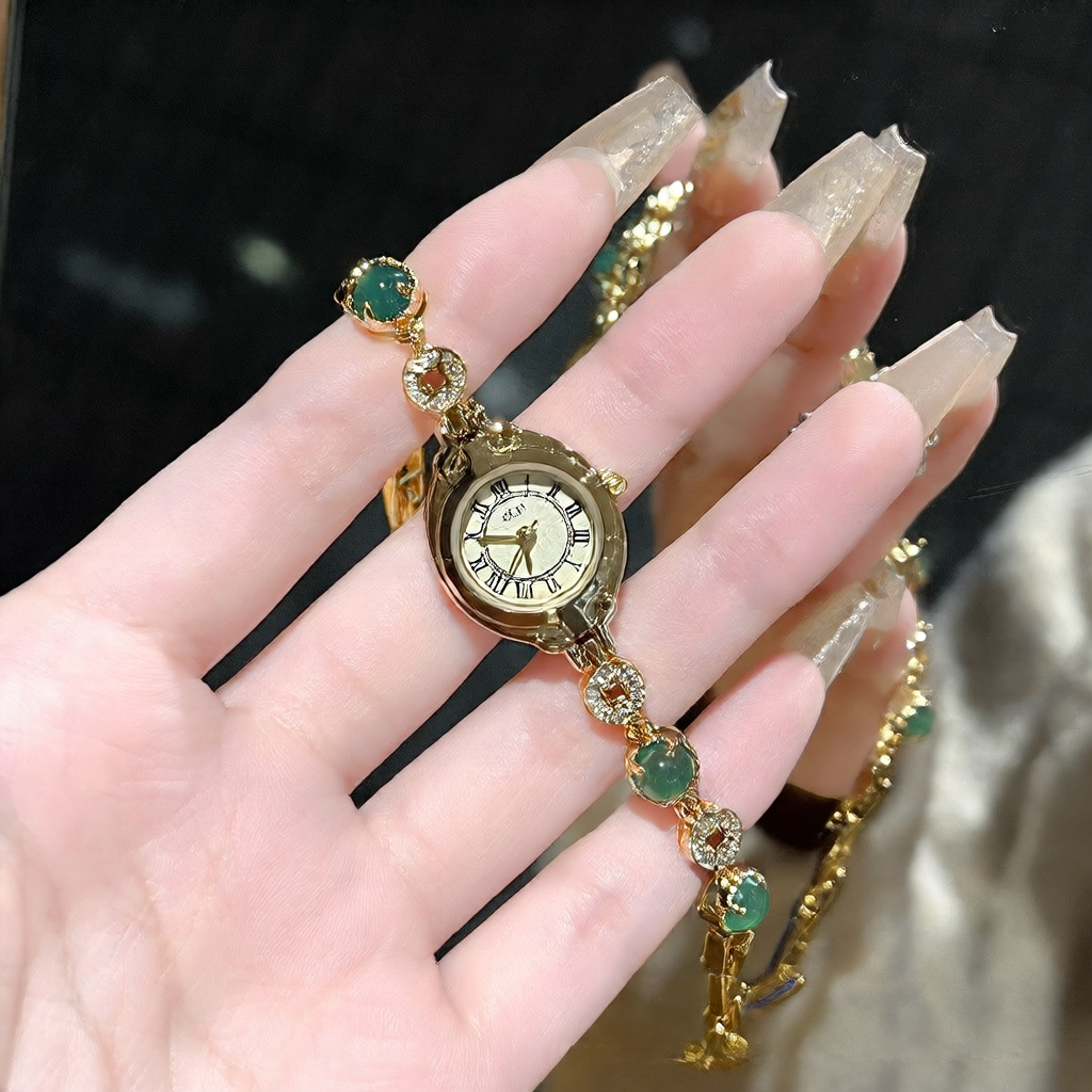 Elegant Green Chalcedony Retro Women's Watch