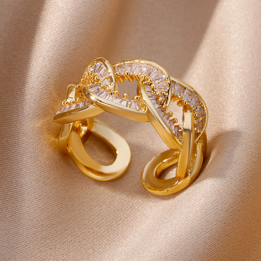 18K Gold-Plated Zircon Leaf Open Ring for Women