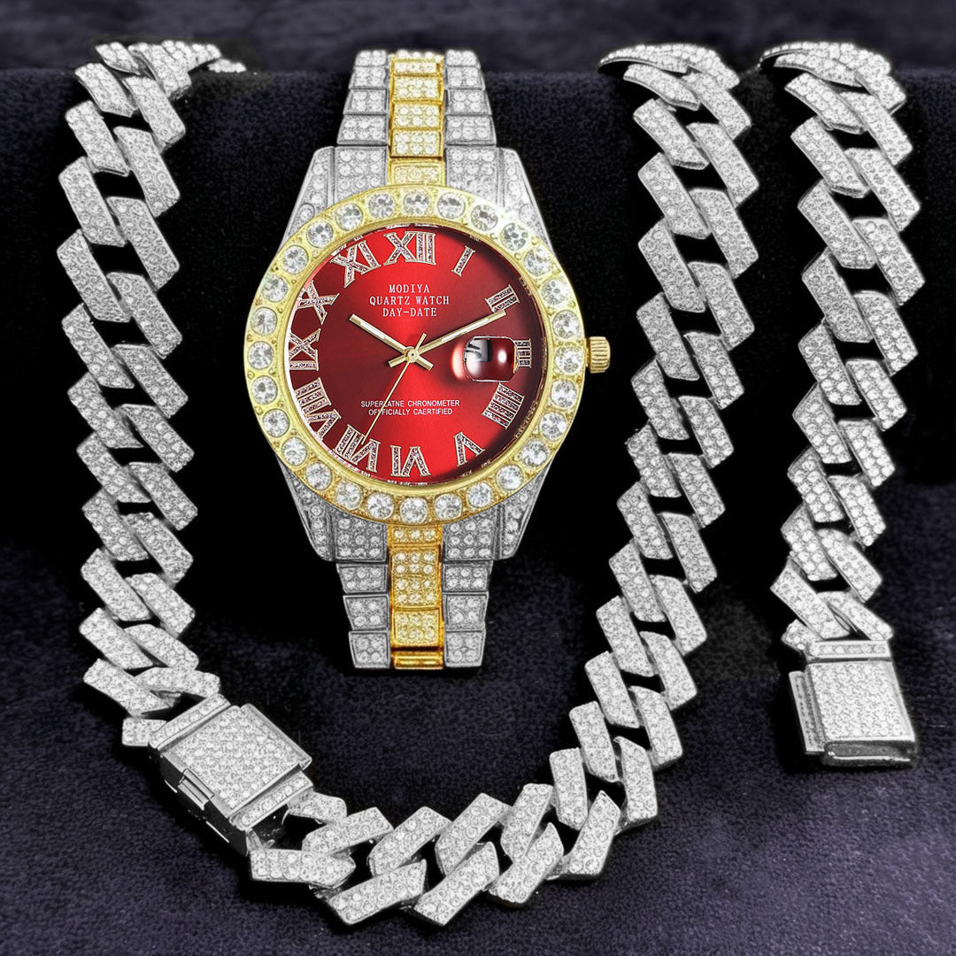 Diamond Cuban Chain Watch Bracelet Necklace Set