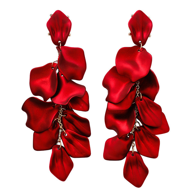 Korean S925 Silver Needle Long Rose Petal Tassel Earrings Retro Simple Exaggerated Atmosphere Internet Celebrant Flower Earrings