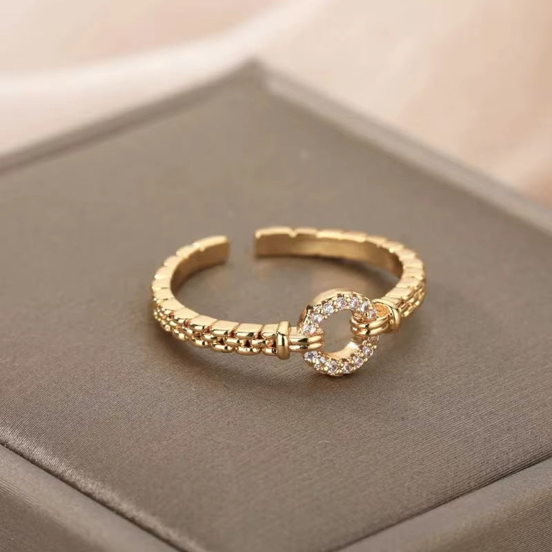 18K Gold-Plated Zircon Leaf Open Ring for Women