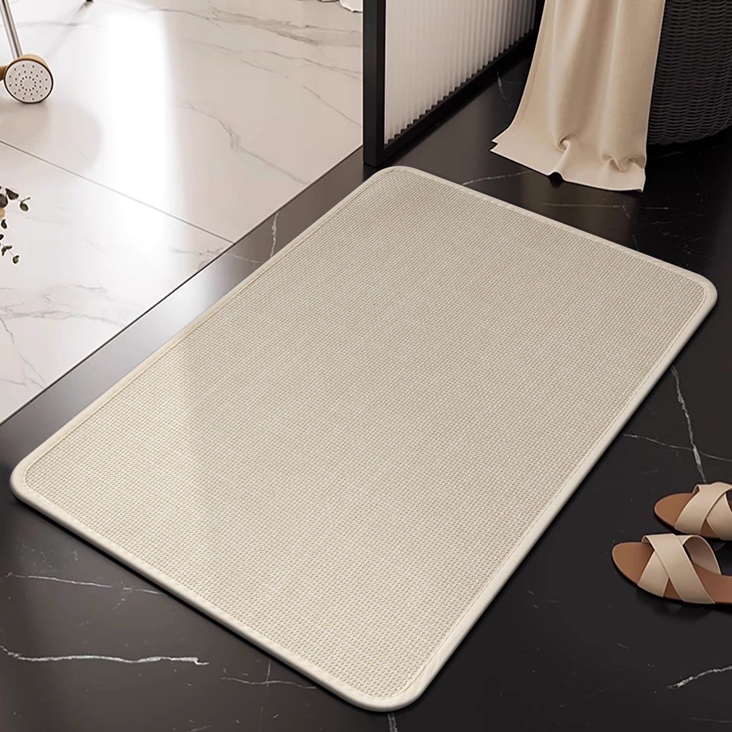 Linen floor MATS are placed in the bathroom
