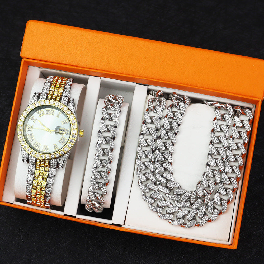 Hip Hop Quartz Watch with Cuban Bracelet and Necklace Set
