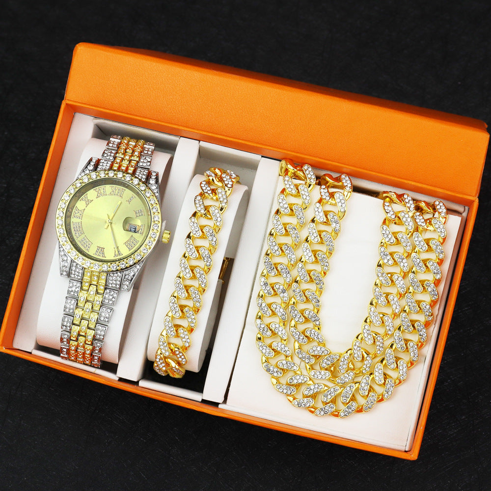 Hip Hop Quartz Watch with Cuban Bracelet and Necklace Set