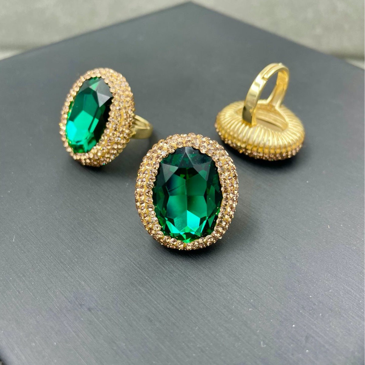 The crystal ring is emerald green