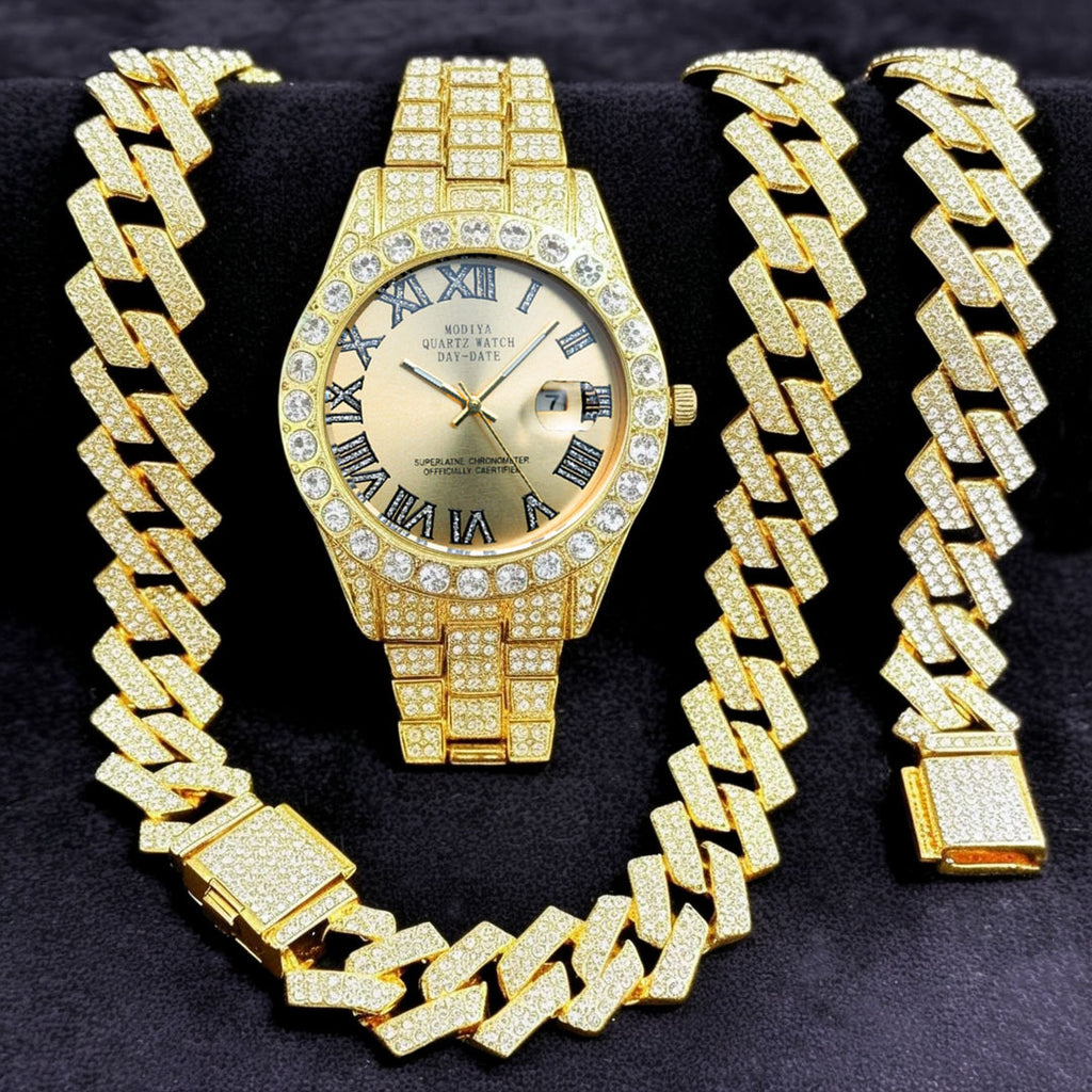 Diamond Cuban Chain Watch Bracelet Necklace Set