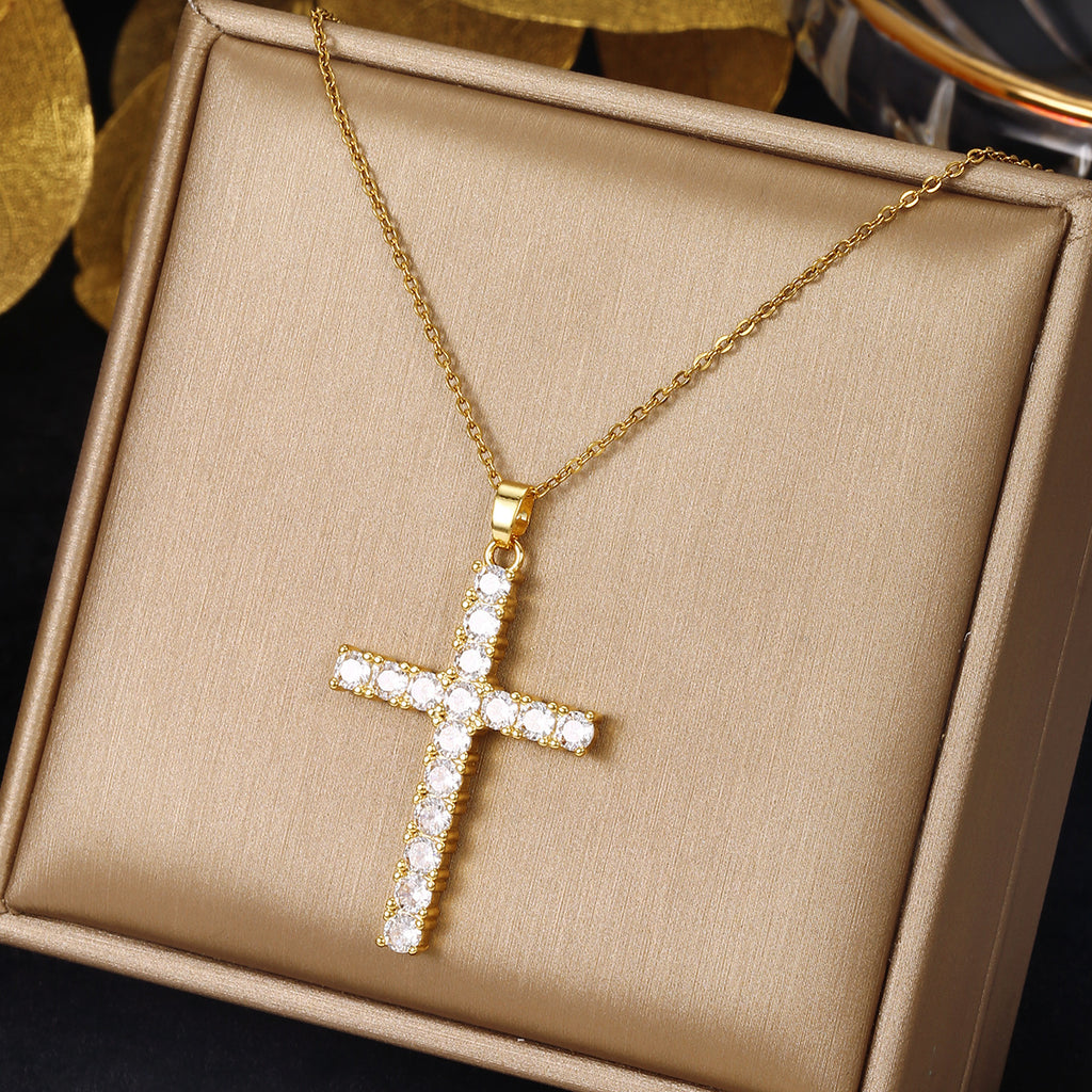 Gold Cross Necklace Set with Large Diamonds