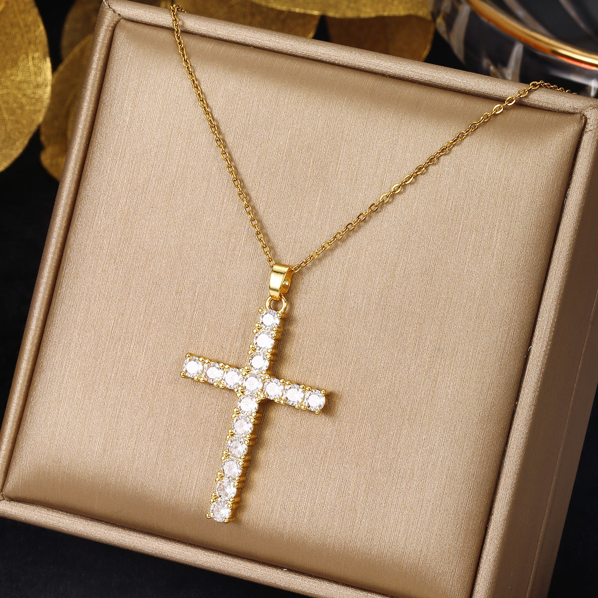 Gold Cross Necklace Set with Large Diamonds