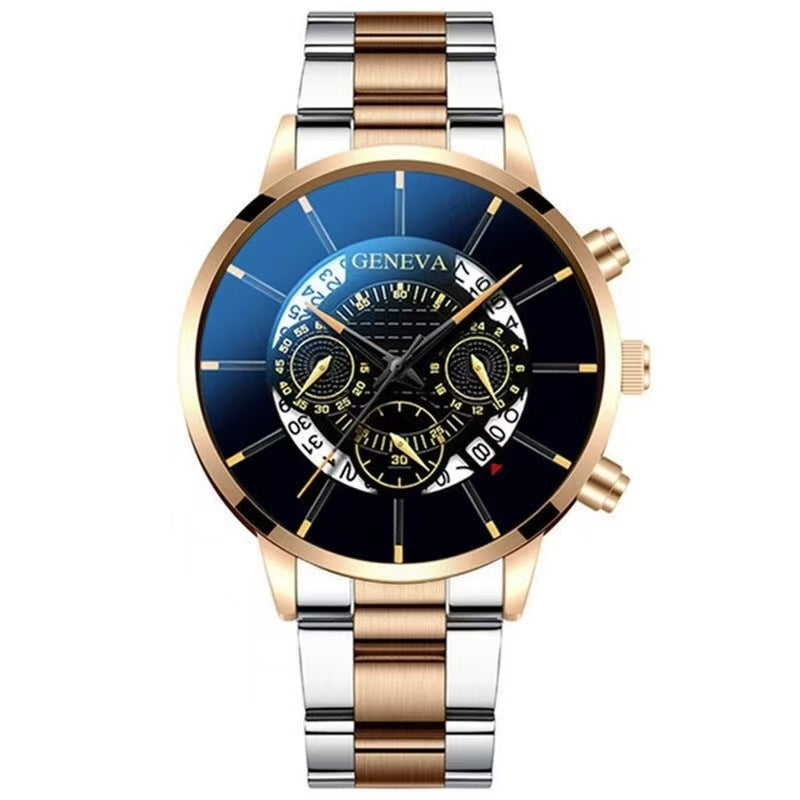 Geneva Men's Quartz Watch with Calendar - Sporty Steel Band