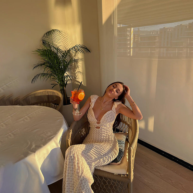 Women's Sexy V-neck Knitted Backless Long Dress