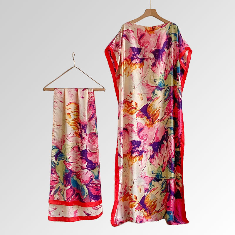 Beach vacation faux silk scarf dress