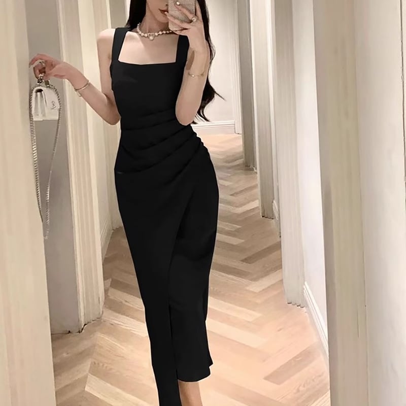 Elegant Satin Bodycon Dress - Summer Square Neck Sleeveless Midi Dress