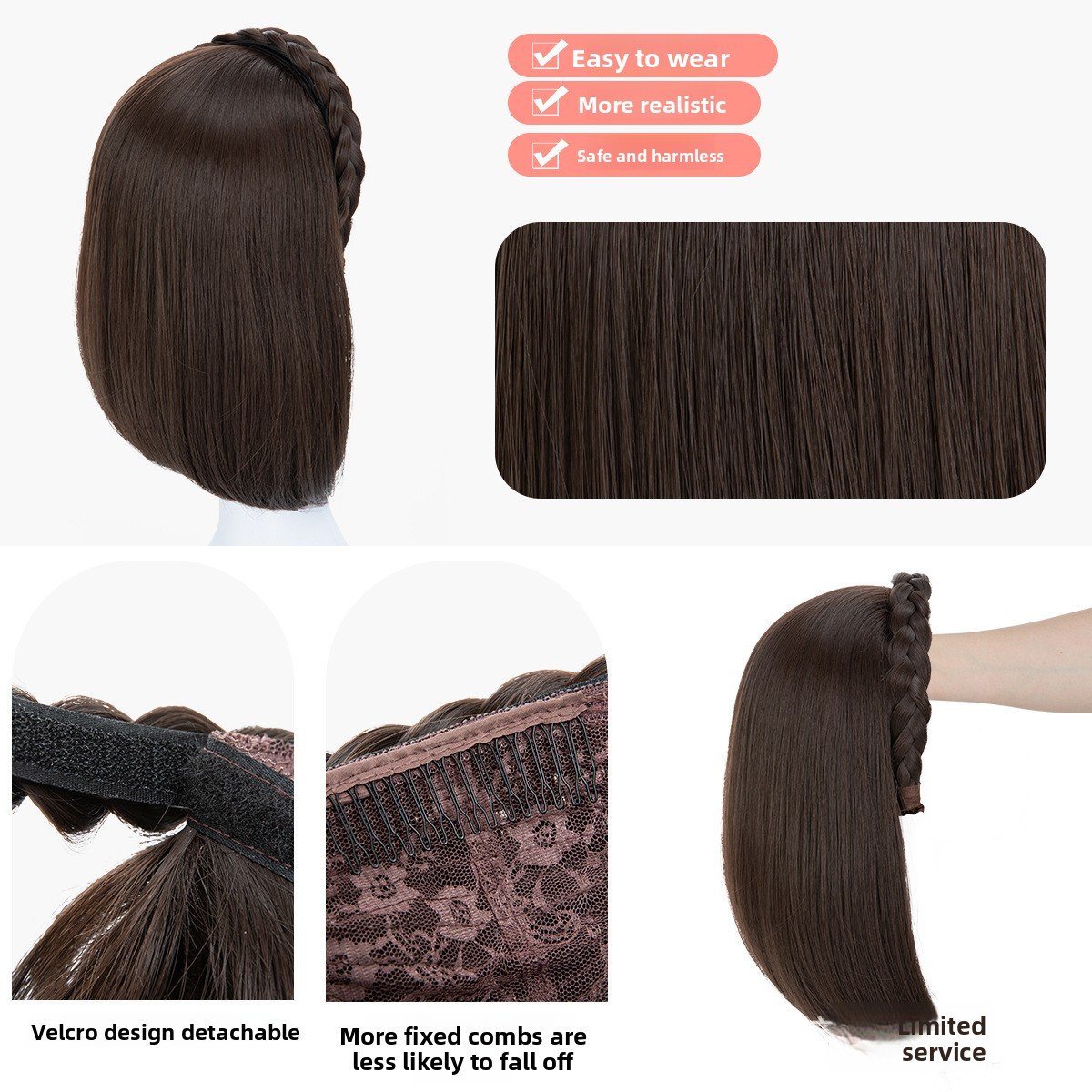 Long Straight Synthetic Hairpiece with Braided Headband High Temperature Fiber Full Volume Half Wig