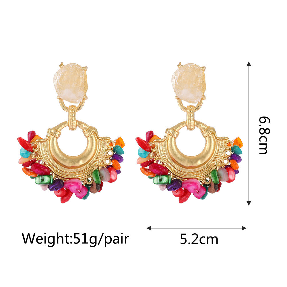 Charming metal earrings, exquisite fan-shaped natural stone resin, feminine and versatile earrings