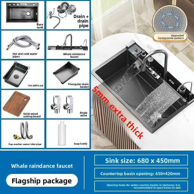 Thick 6mm Digital Display Stainless Steel Kitchen Sink with Pull Faucet