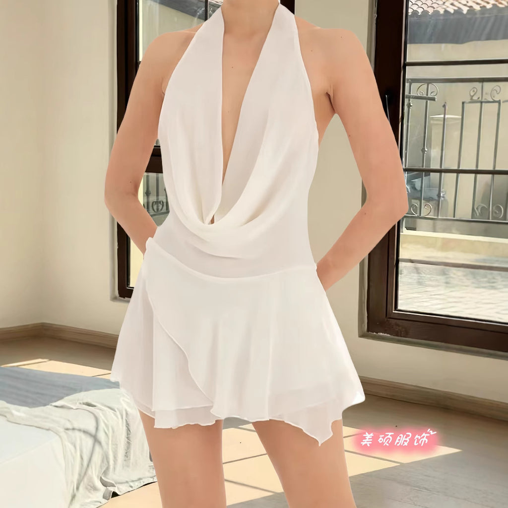 Pure desire hot girl chiffon neck deep V low collar dress autumn and winter new high sense solid color sleeveless skirt