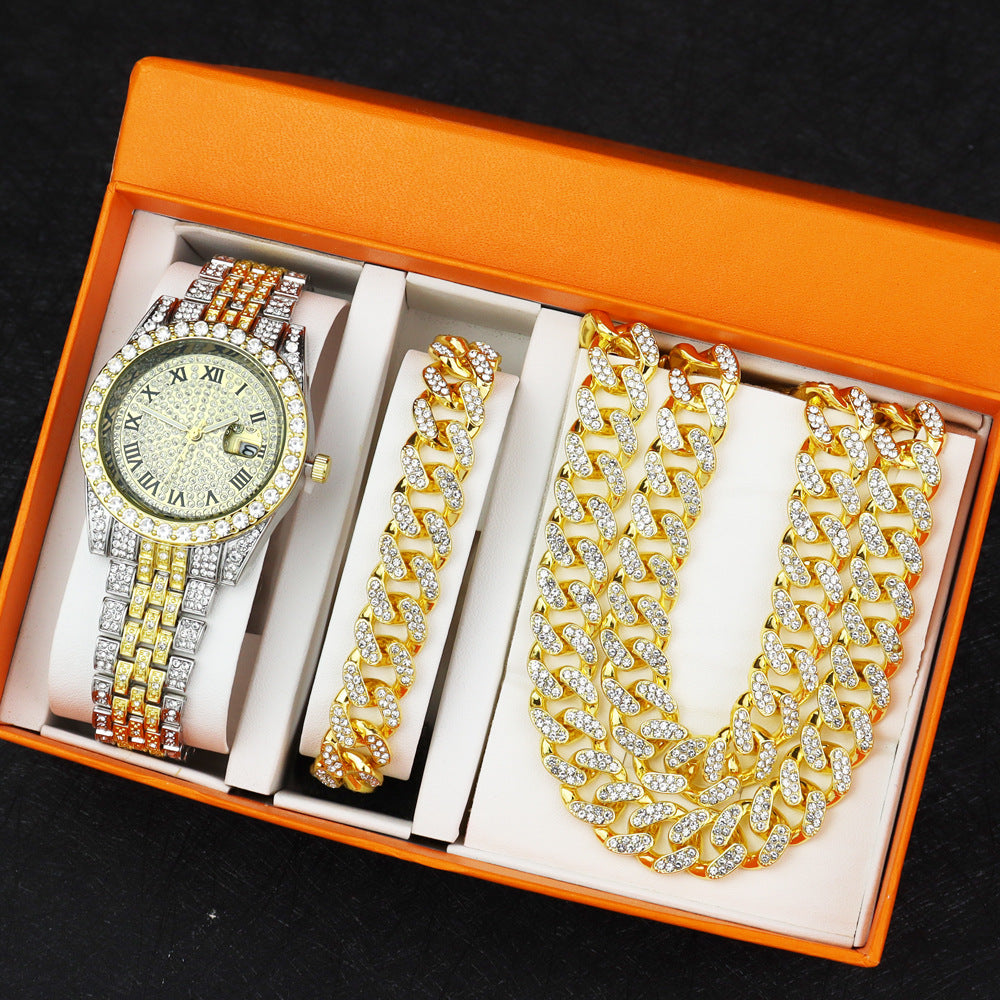Hip Hop Quartz Watch with Cuban Bracelet and Necklace Set