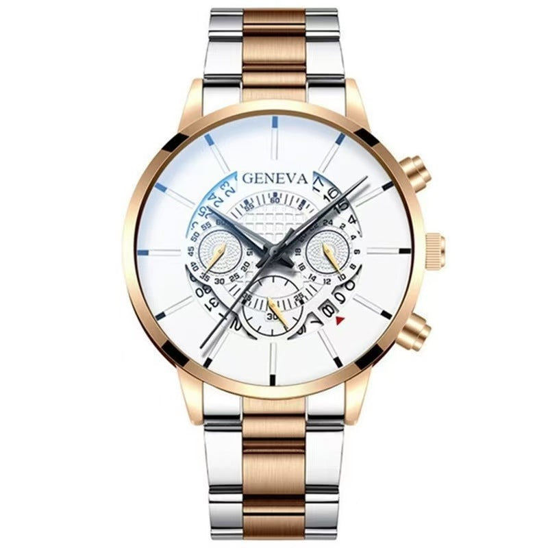 Geneva Men's Quartz Watch with Calendar - Sporty Steel Band