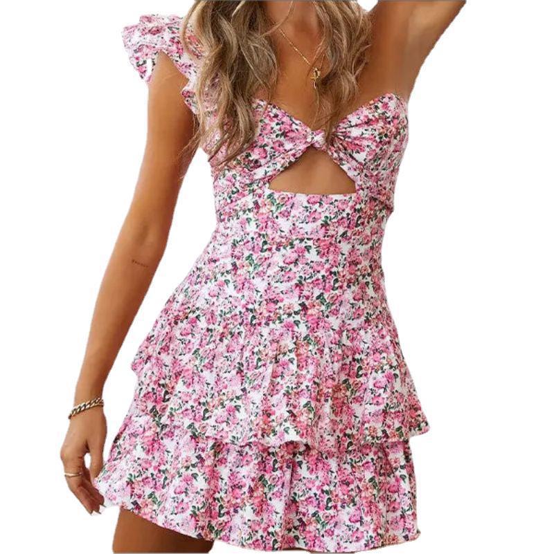 One-shoulder dress with exposed waist print
