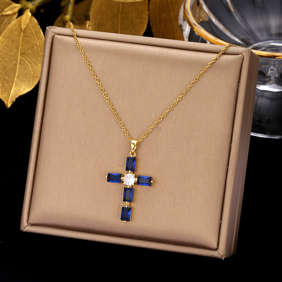 Gold Cross Necklace Set with Large Diamonds