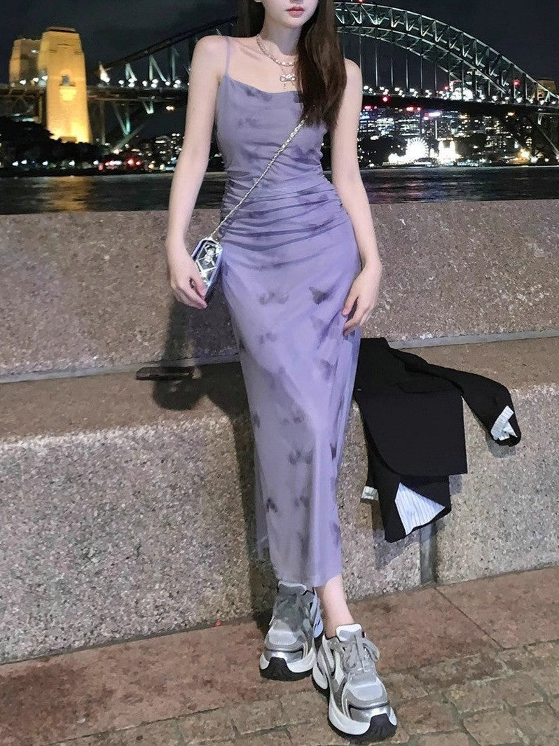 French Purple Floral Strap Dress