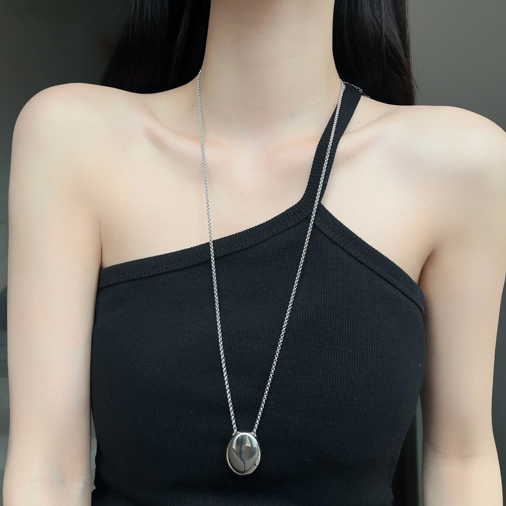 Titanium Steel Oval Pendant Necklace