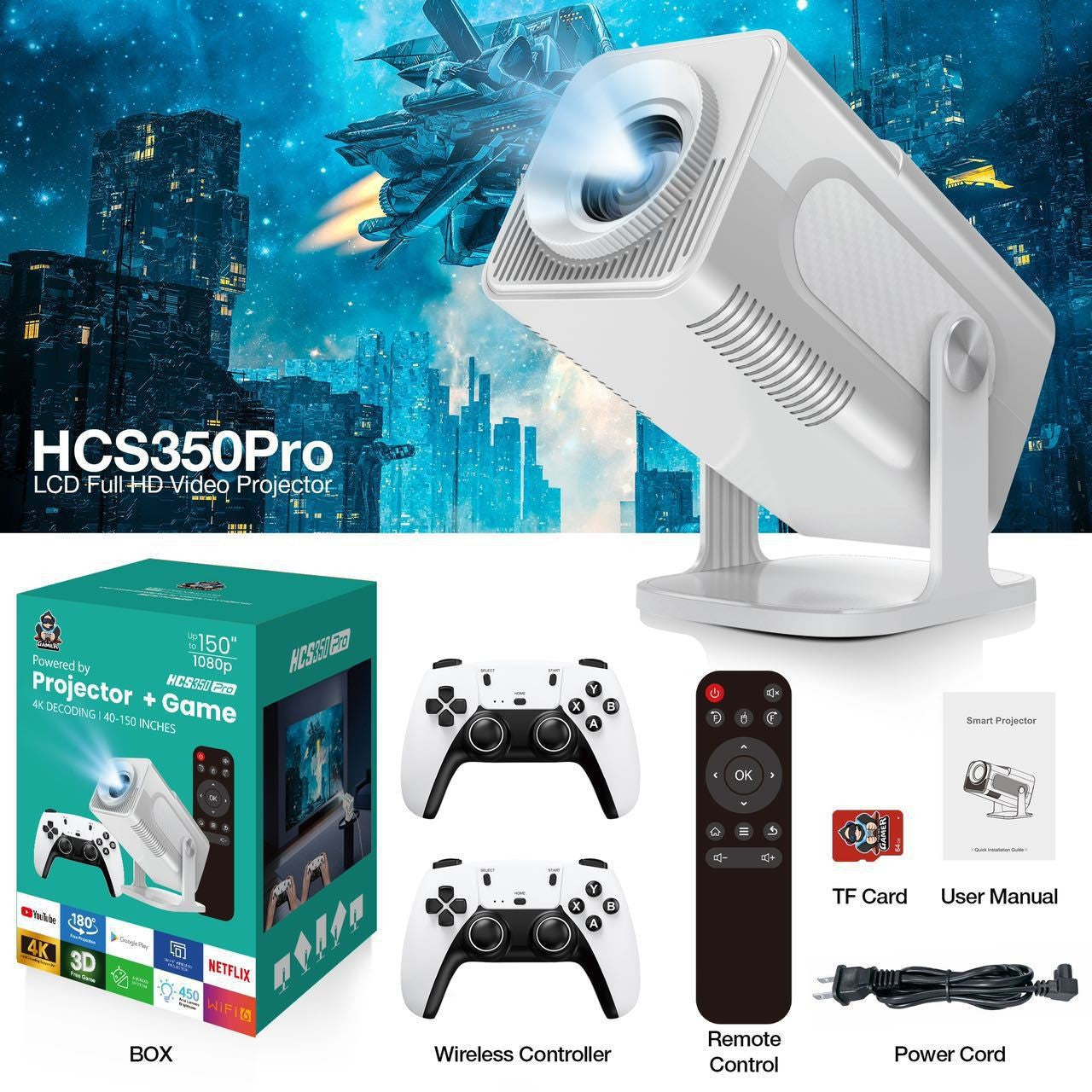 HCS350Pro Mini Projector with Android WiFi HD 720P