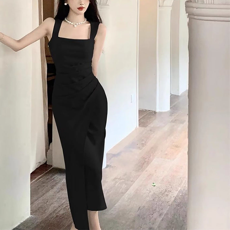 Elegant Satin Bodycon Dress - Summer Square Neck Sleeveless Midi Dress