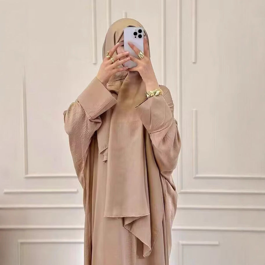 Loose and elegant solid-color long robe with headscarf dress