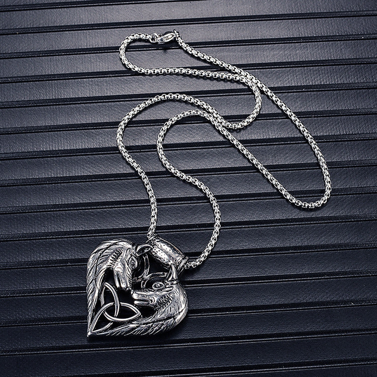 domineering double wolf head titanium steel pendant necklace